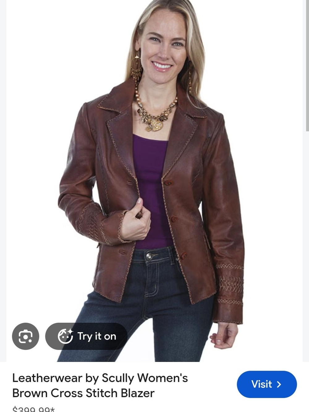 Scully Brown Leather Blazer with Cross-Stitch Detailing